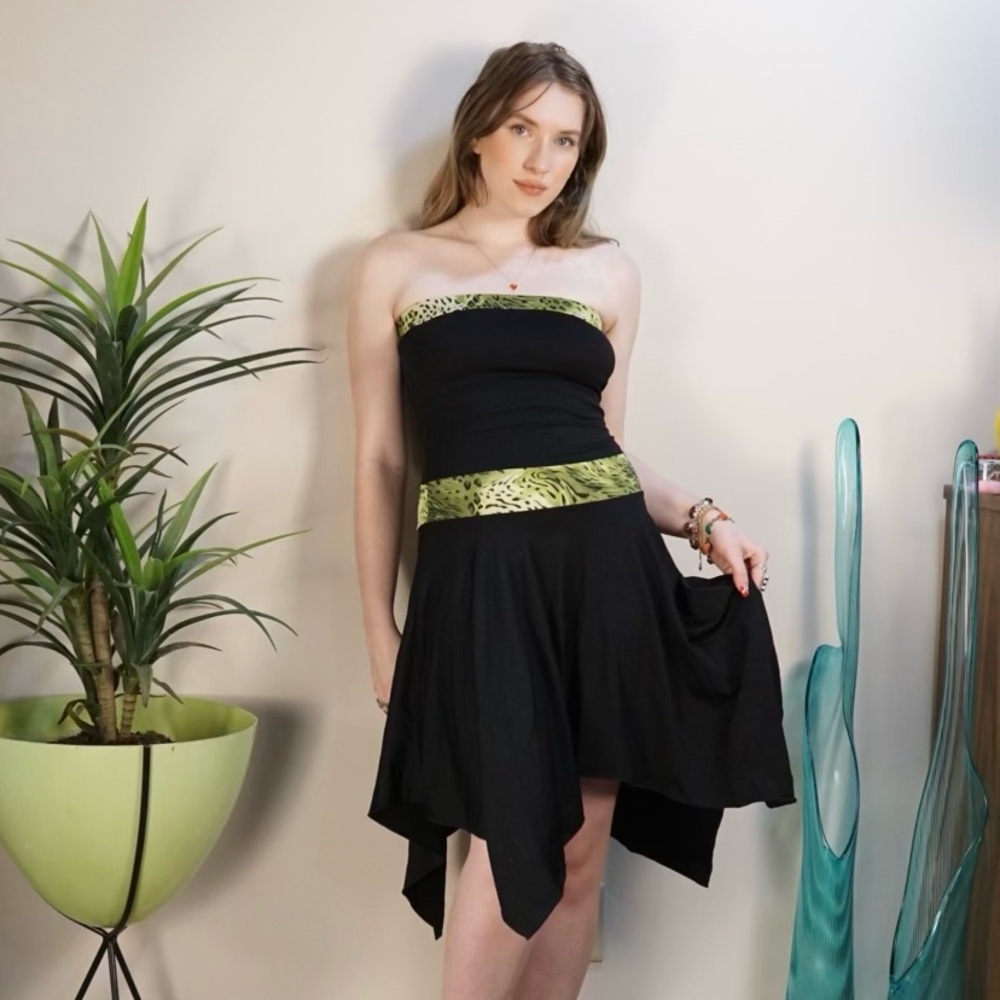 Y2K MKM green animal print trim asymmetrical strapless dress clubbing S